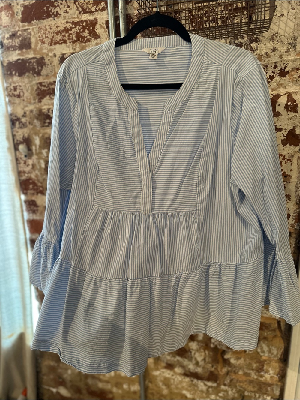 Crown & Ivy Blue & White Striped Peplum Tunic Top